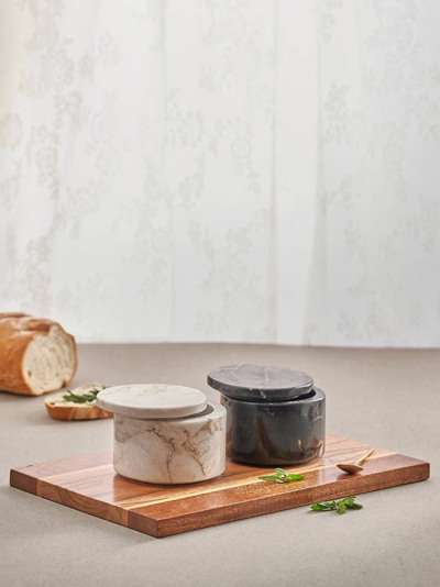 Marble Round Spice Jars with Wooden Tray