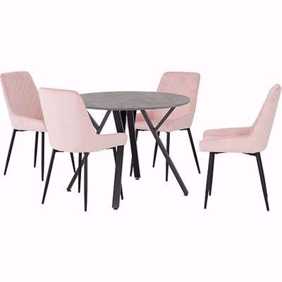 Alsip Round Concrete Effect Dining Table 4 Avah Pink Chairs