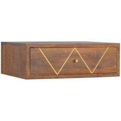 Amish Wooden Wall Hung Brass Inlay Bedside Cabinet In Chestnut