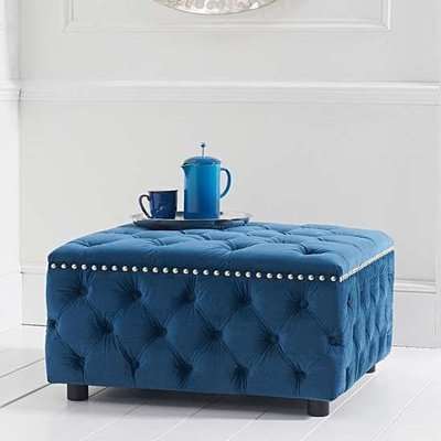 Nesta Square Velvet Upholstered Footstool In Blue