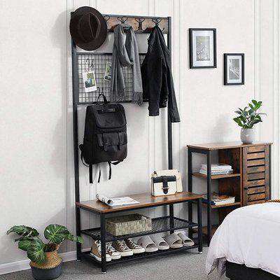 Ardmore Industrial Shoe Rack Bench With Hooks In Rustic Brown