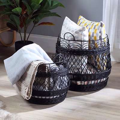 Braila Set Of 2 Rattan Storage Baskets In Black