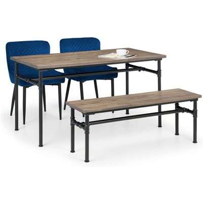 Coldiron Elm Dining Table With Bench And 2 Luxe Blue Chairs