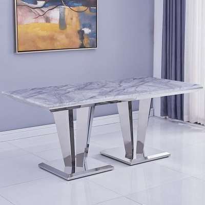 Leming Marble Large Dining Table In Grey With Twin Pedestal