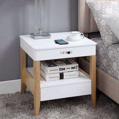 Morvik Bedside Table In White Ash With Wireless And USB Charger