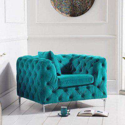 Alegria Chesterfield Plush Fabric Armchair In Teal
