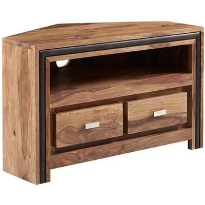 Spica Wooden Corner TV Stand In Natural Sheesham With 2 Drawers