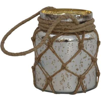 Wasilla Glass Jar Lantern In Antique Mercury With Rope
