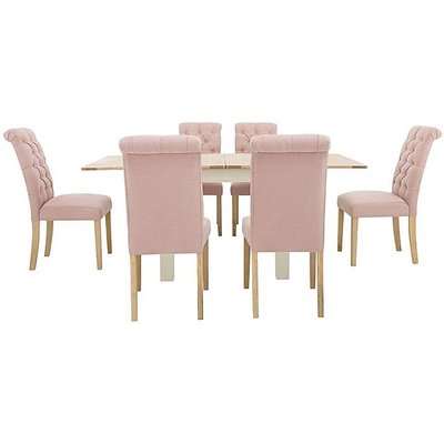Furnitureland - Angeles Flip Top Extending Dining Table and 6 Button Back Dining Chairs - Pink