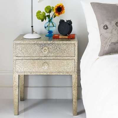 Embossed White Metal Bedside Table