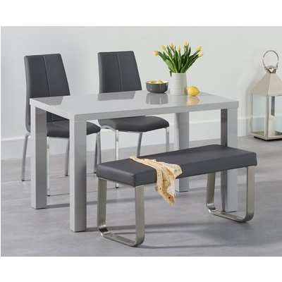 Atlanta 120cm Light Grey High Gloss Dining Table with Cavello Chairs and Atlanta Grey Bench