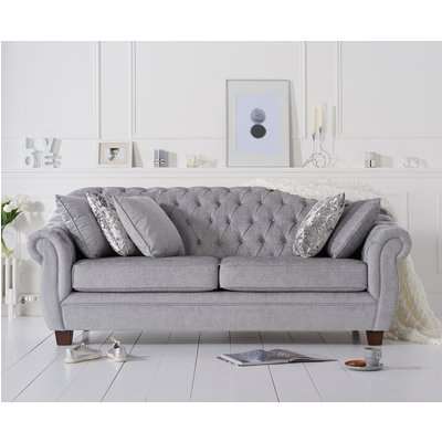 Lacey Chesterfield Grey Plush Fabric Three-Seater Sofa