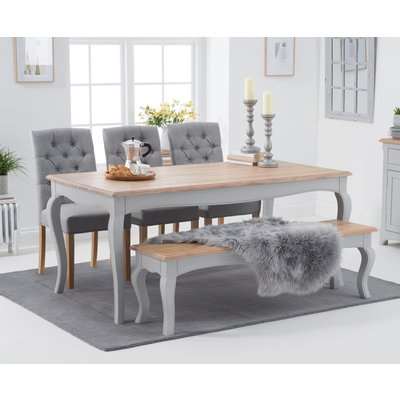 Parisian 175cm Oak and Grey Shabby Chic Table with Candice Fabric Dining Chairs and Bench