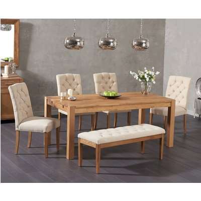 Verona 150cm Solid Oak Dining Table with Candice Fabric Chairs and Cora Cream Fabric Bench
