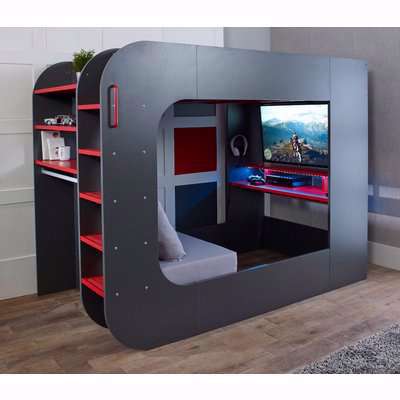 PodBed Grey and Red Gaming High Sleeper with Grey Sofa - EU Small Double