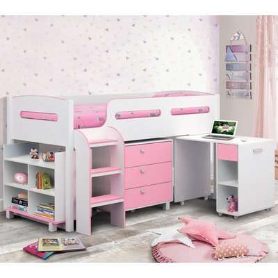Wooden Kids Mid Sleeper Sleep Station Desk  Cabin Storage Bed Frame 3ft Single Kimbo Pink and White
