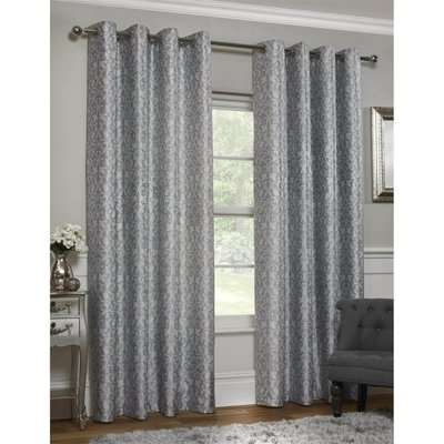 Faux Silk Damask Grey Lined Eyelet Curtains 117cm x 137cm