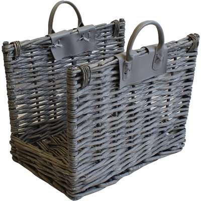 Grey Wicker Log Carrier With Handles