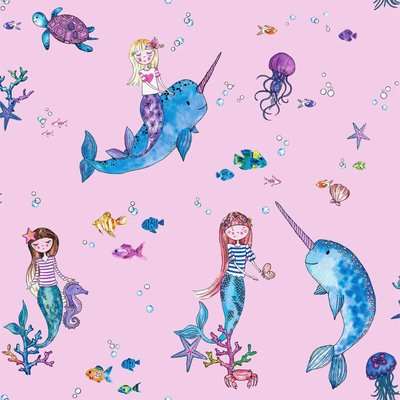 Holden Decor Narwhals and Mermaids Kids Smooth Glitter Pink Wallpaper