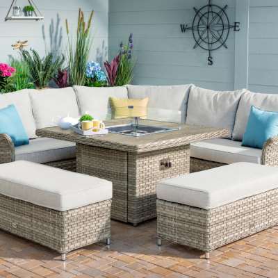 Hartman Heritage Grand Square Tuscan Fire Pit Table Casual Dining Set – Beech/Dove