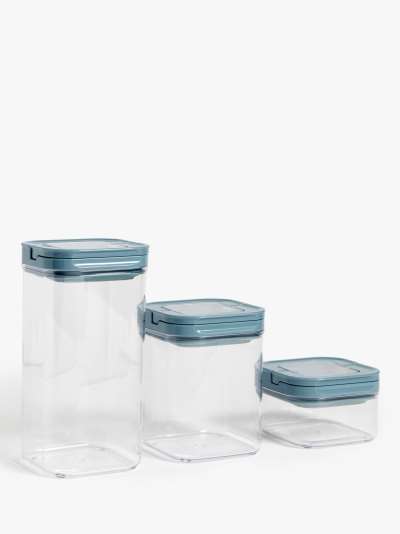 ANYDAY John Lewis & Partners Flip Lock Airtight Square Storage Containers, Set of 3, Clear/Blue