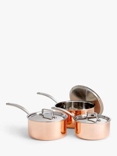 John Lewis & Partners Tri-Ply Stainless Steel Saucepan Set with Lids, 3 Piece, Copper