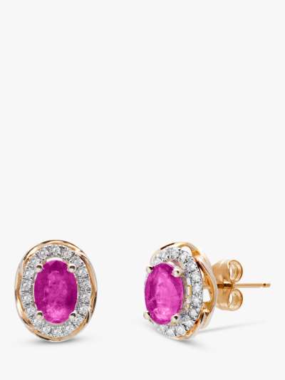 A B Davis 9ct Gold Ruby and Diamond Oval Stud Earrings