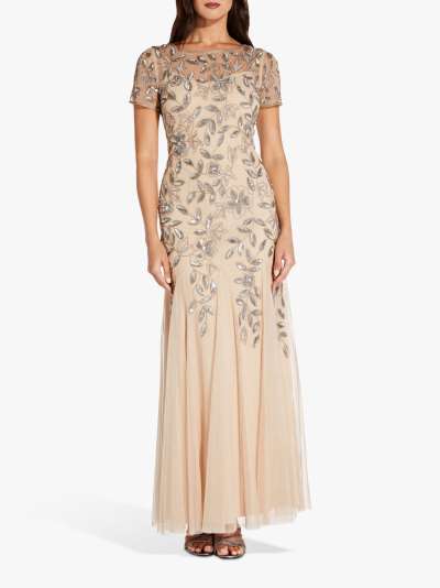 Adrianna Papell Pleated Beaded Floral Maxi Gown, Taupe/Pink