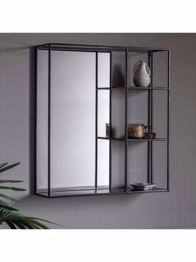 Lombardy Rectangular Metal Frame 3 Shelf Wall Mirror, 65 x 60cm, Black