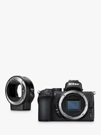 Nikon Z50 Compact System Camera with 16-50mm VR Lens, 4K UHD, 20.9MP, Wi-Fi, Bluetooth, OLED EVF, 3.2” Tiltable Touch Screen & FTZ Mount Adapter