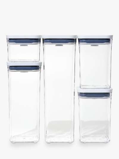 OXO POP Square Plastic Kitchen Storage Containers, Set of 5, Clear