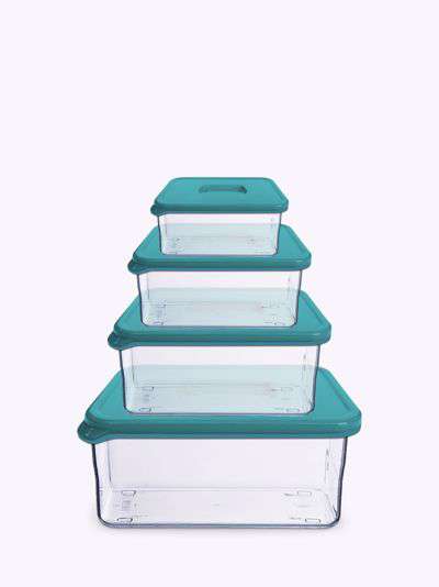 John Lewis & Partners Premium Rectangular Plastic Storage Containers, Set of 4, Clear/Teal