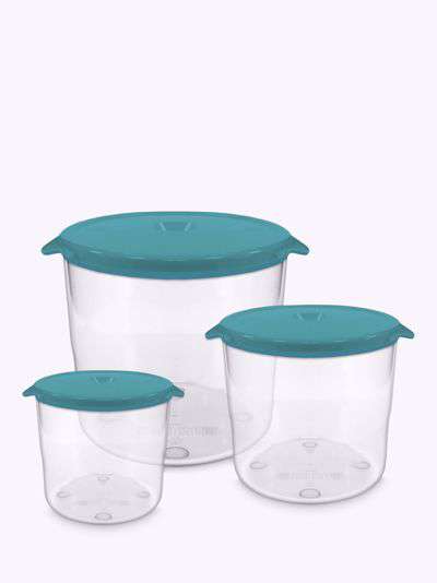 John Lewis & Partners Premium Round Plastic Storage Containers, Set of 3, Clear/Teal