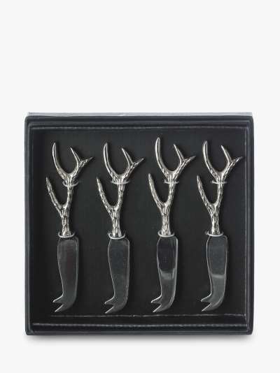 The Just Slate Company Antlers Mini Cheese Knives Gift Set, Set of 4, Silver