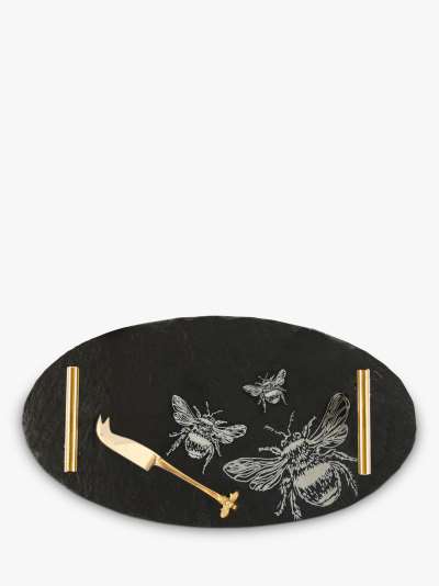 The Just Slate Company Oval Bee Serving Tray with Gold Handles & Cheese Knife, Black/Gold