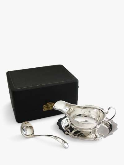 VF Jewellery Second Hand Silver Sauce Boat, Tray and Ladle Set, Dated Sheffield 1964