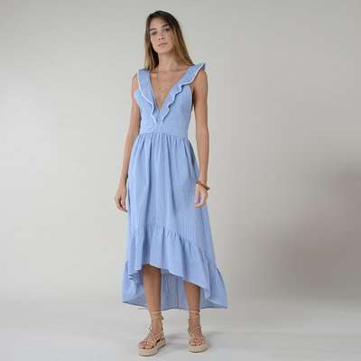 Asymmetric Maxi Dress in Cotton Mix with V-Neck and Tie-Back