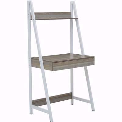 Light Oak Effect Ladder Shelf Desk Unit with White Frame