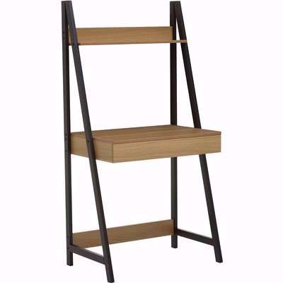 Natural Oak Effect Ladder Shelf Desk Unit with White Frame