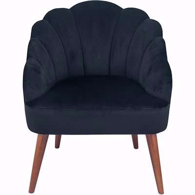 Black Velvet Scalloped Shell Armchair with Wooden Legs