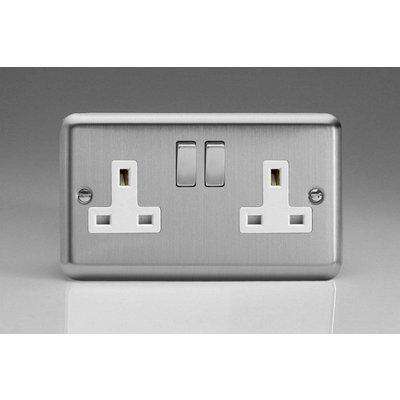 Varilight Classic 2 Gang Switched Socket with White insert (Double XS5DW) - Matt Chrome - XS5DW