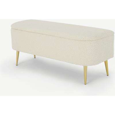 Abel Upholstered Ottoman Storage Bench, 110 cm, Natural Faux Sheepskin with Brass Legs