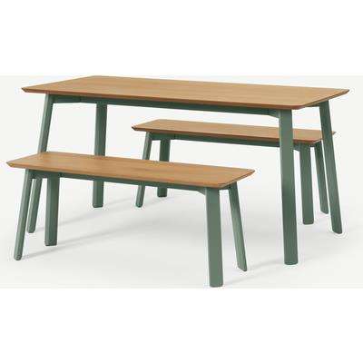 Asuna Dining Table & Bench Set, Oak & Fern Green
