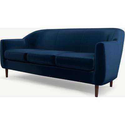 Tubby 3 Seater Sofa, Regal Blue Velvet Fabric with Dark Wood Legs