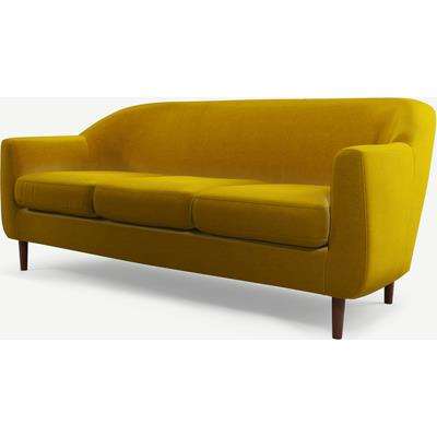 Tubby 3 Seater Sofa, Saffron Yellow Velvet Fabric with Dark Wood Legs