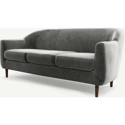 Tubby 3 Seater Sofa, Steel Grey Velvet Fabric with Dark Wood Legs