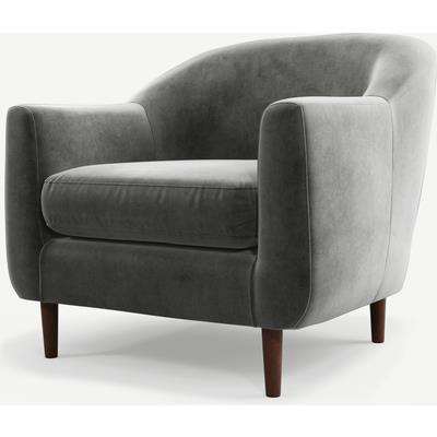 Tubby Armchair, Steel Grey Velvet Fabric with Dark Wood Legs