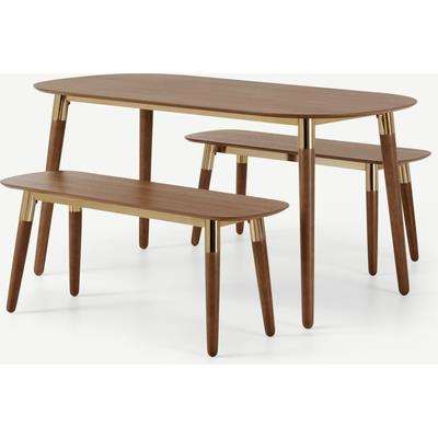 Edelweiss Dining Table and Bench Set, Walnut & Brass