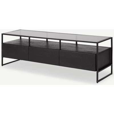 Kilby Wide TV Stand, Black Stain Mango Wood and Smoked Glass