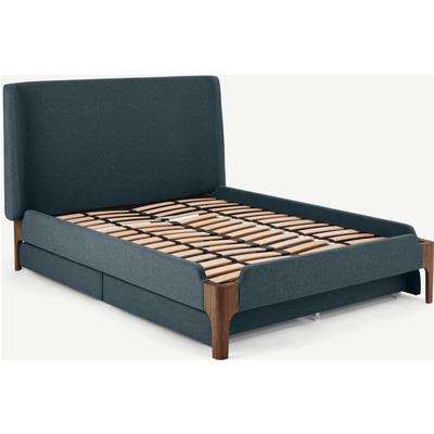 Roscoe Super King Size Bed With Storage Drawers, Aegean Blue & Dark Stain Oak Legs